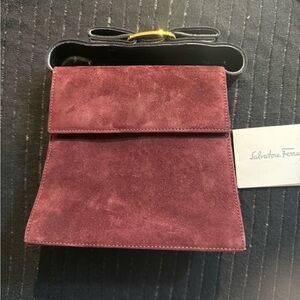 Salvatore Ferragamo Burgundy/Bordeaux Suede Vara Bow Top Handle Bag Authentic